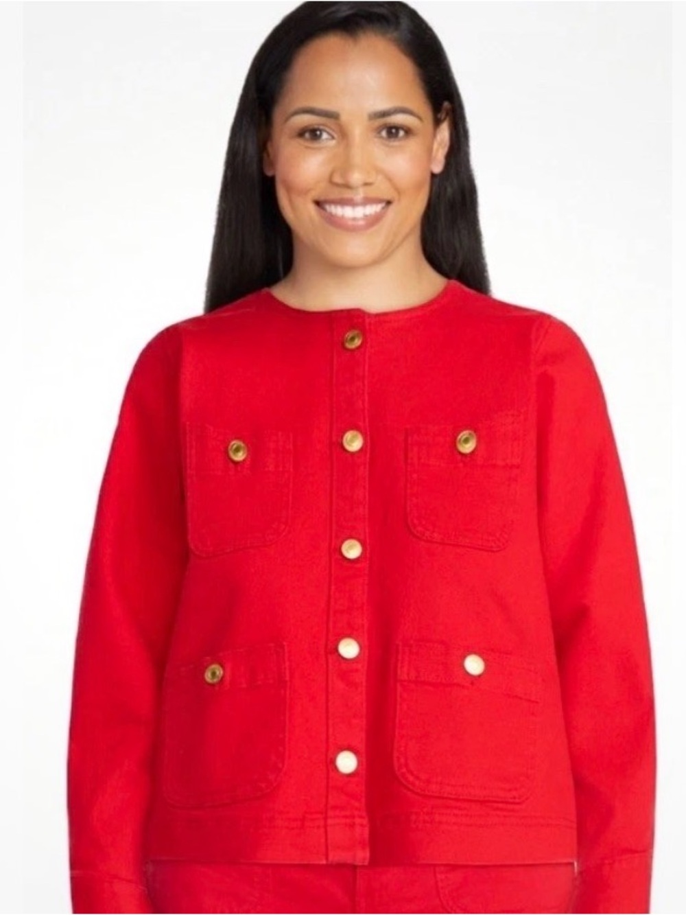 NEW Free Assembly Collarless Red Gold Button Short Denim Jacket - Picture 8 of 8